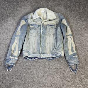 Mnml Jacket Mens S Blue Denim Bomber Sherpa Lined Skeleton Sleeves Distressed